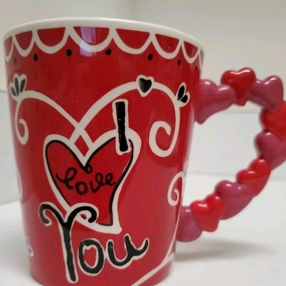 Pier One Coffee Mug " I Love You" Hand Painted w/ Multi Hearts Handle 12 Oz